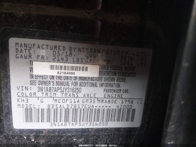 3N1AB7AP5JY316250 Nissan SENTRA SV