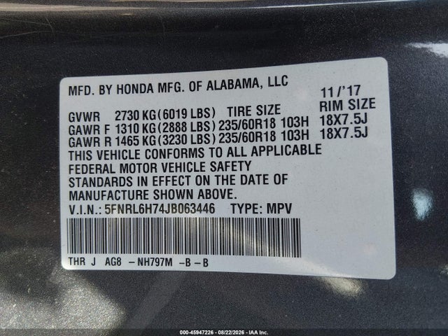 Продажа на аукционе авто 2018 Honda Odyssey Ex-l, vin: 5FNRL6H74JB063446, номер лота: 45947226