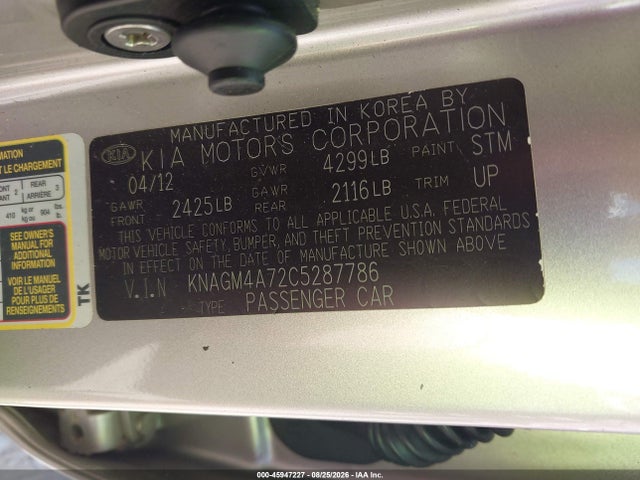 45947227 :رقم المزاد ، KNAGM4A72C5287786 vin ، 2012 Kia Optima Lx مزاد بيع