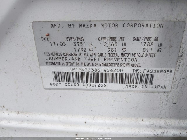 Aukcja sprzedaży 2006 Mazda Mazda3 S Touring, vin: JM1BK323861456200, numer aukcji: 45947231