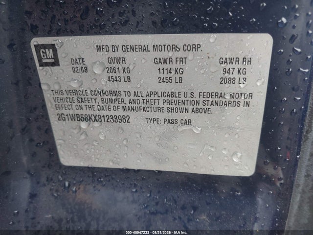 45947233 :رقم المزاد ، 2G1WB58KX81233982 vin ، 2008 Chevrolet Impala Ls مزاد بيع