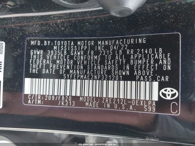 45947248 :رقم المزاد ، 5YFEPMAE2NP321201 vin ، 2022 Toyota Corolla Le مزاد بيع