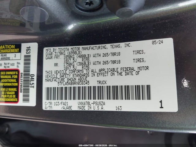 2024 Toyota Tundra Sr5 მანქანა იყიდება აუქციონზე, vin: 5TFLA5AB8RX038345, აუქციონის ნომერი: 45947265