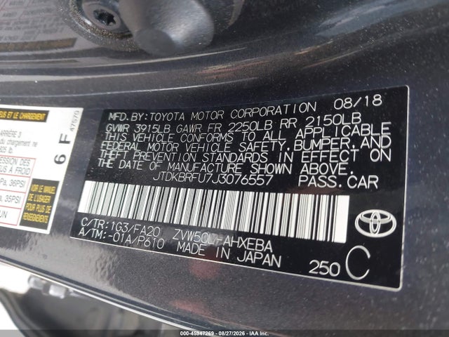 45947269 :رقم المزاد ، JTDKBRFU7J3076557 vin ، 2018 Toyota Prius One مزاد بيع