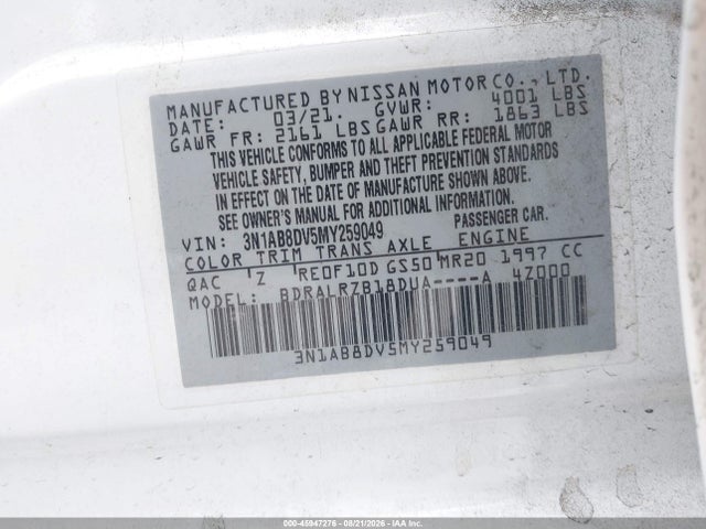2021 Nissan Sentra Sr Xtronic Cvt მანქანა იყიდება აუქციონზე, vin: 3N1AB8DV5MY259049, აუქციონის ნომერი: 45947276