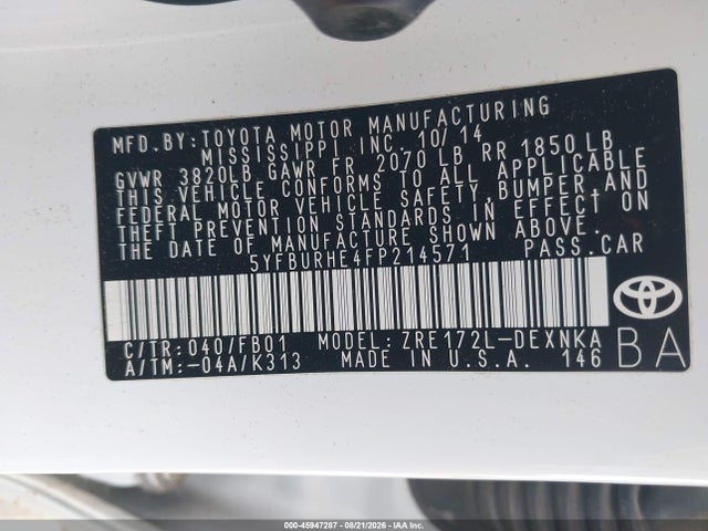 5YFBURHE4FP214571 Toyota COROLLA LE