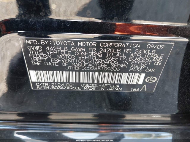 Aukcja sprzedaży 2010 Lexus Is 250, vin: JTHBF5C22A5109306, numer aukcji: 45947299