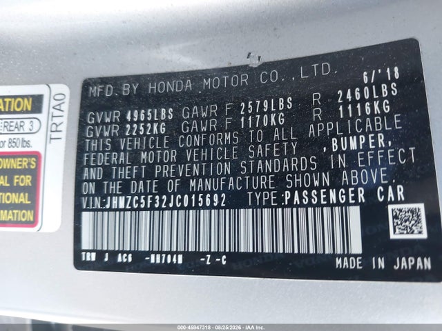 Продаж на аукціоні авто 2018 Honda Clarity Plug-in Hybrid Touring, vin: JHMZC5F32JC015692, номер лоту: 45947318