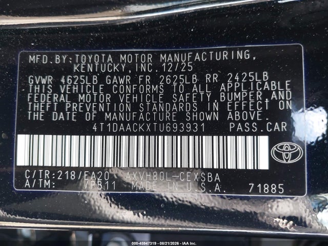 Toyota Camry Nightshade 2026 4T1DAACKXTU693931 Image 9