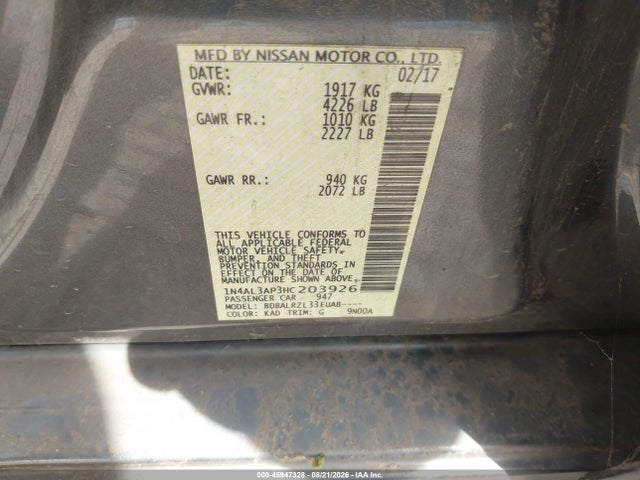 2017 Nissan Altima 2.5 Sl მანქანა იყიდება აუქციონზე, vin: 1N4AL3AP3HC203926, აუქციონის ნომერი: 45947328