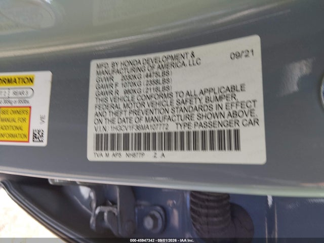Aukcja sprzedaży 2021 Honda Accord Sport, vin: 1HGCV1F36MA107772, numer aukcji: 45947342