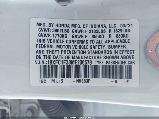 2021 Honda Civic Ex მანქანა იყიდება აუქციონზე, vin: 19XFC1F33ME206578, აუქციონის ნომერი: 45947347