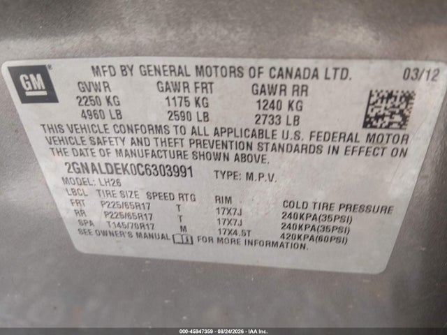 2012 Chevrolet Equinox Lt W/1lt მანქანა იყიდება აუქციონზე, vin: 2GNALDEK0C6303991, აუქციონის ნომერი: 45947359
