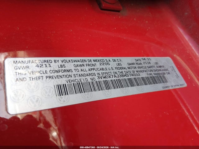 Aukcja sprzedaży 2011 Volkswagen Jetta 2.5l Se, vin: 3VWDX7AJ3BM374032, numer aukcji: 45947360