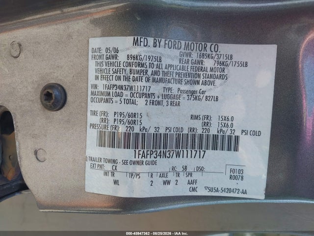 Aukcja sprzedaży 2007 Ford Focus S/se/ses, vin: 1FAFP34N37W111717, numer aukcji: 45947362