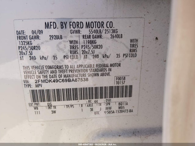 Aukcja sprzedaży 2009 Ford Edge Limited, vin: 2FMDK49C69BA87538, numer aukcji: 45947383