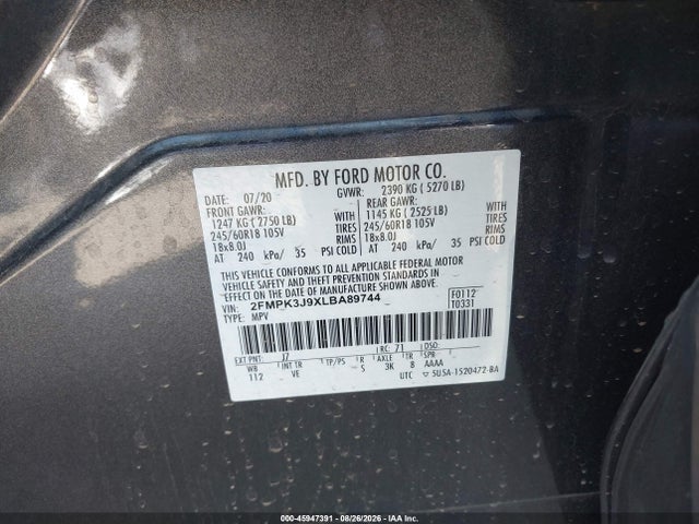 Ford EDGE SEL 2020 2FMPK3J9XLBA89744 Image 9