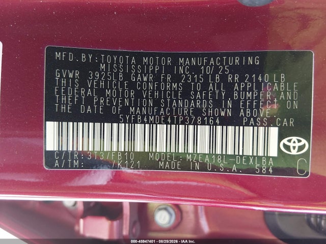 Продаж на аукціоні авто 2026 Toyota Corolla Le, vin: 5YFB4MDE4TP378164, номер лоту: 45947401
