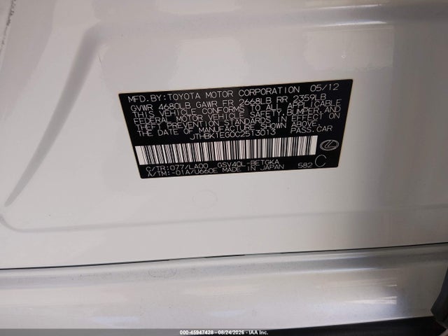 45947428 :رقم المزاد ، JTHBK1EG0C2513013 vin ، 2012 Lexus Es 350 مزاد بيع
