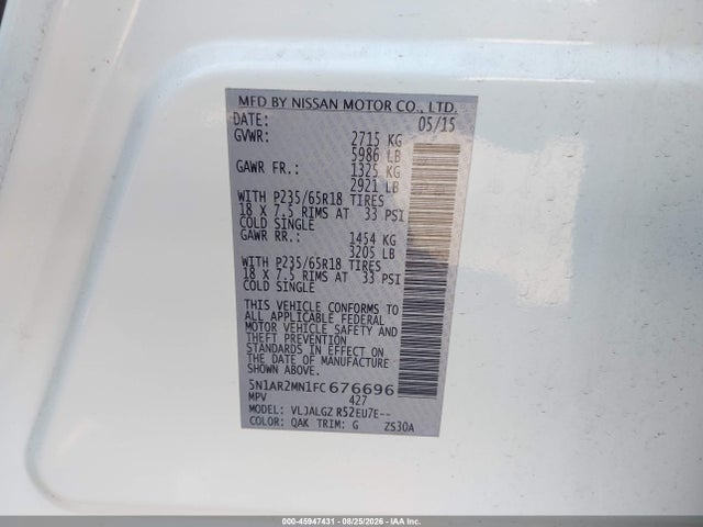 Nissan Pathfinder Sl 2015 5N1AR2MN1FC676696 Image 9