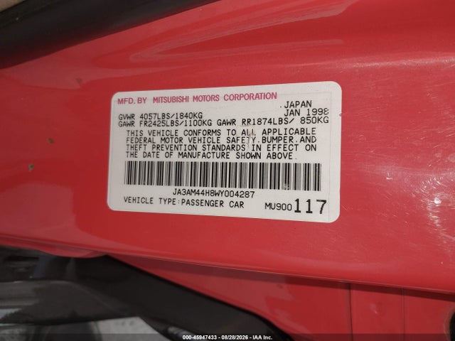 Aukcja sprzedaży 1998 Mitsubishi 3000 Gt, vin: JA3AM44H8WY004287, numer aukcji: 45947433