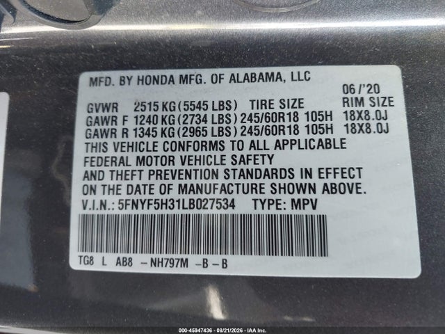 Продажа на аукционе авто 2020 Honda Pilot 2wd Ex, vin: 5FNYF5H31LB027534, номер лота: 45947436