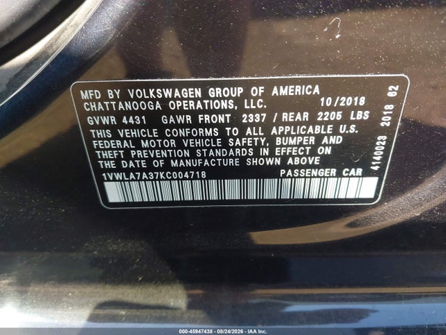 1VWLA7A37KC004718 Volkswagen Passat 2.0t Wolfsburg Edition
