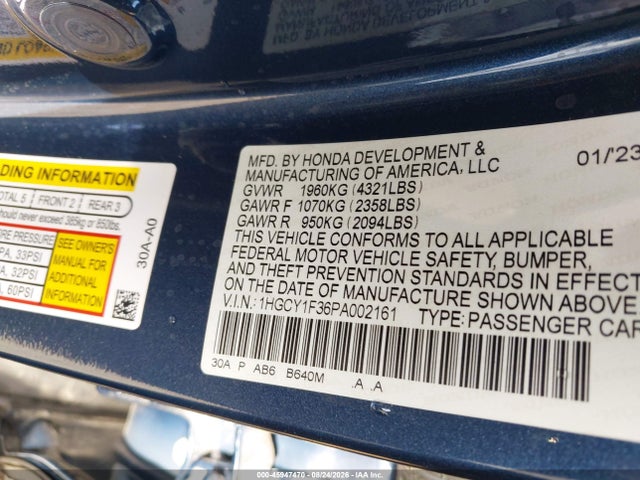 45947470 :رقم المزاد ، 1HGCY1F36PA002161 vin ، 2023 Honda Accord Ex مزاد بيع