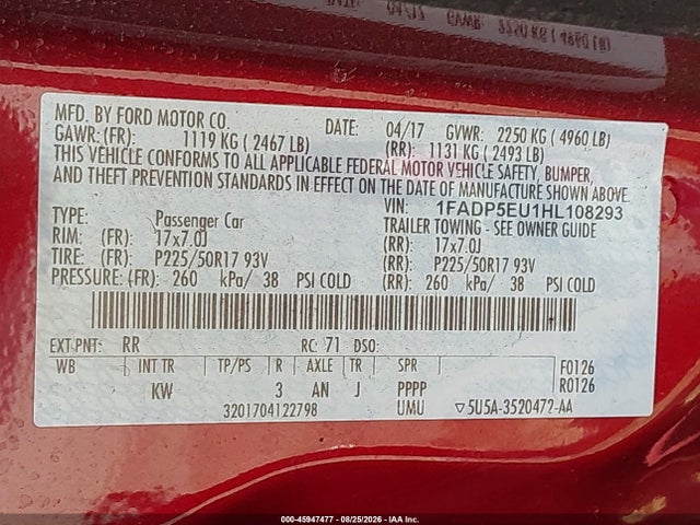 45947477 :رقم المزاد ، 1FADP5EU1HL108293 vin ، 2017 Ford C-max Energi Se مزاد بيع