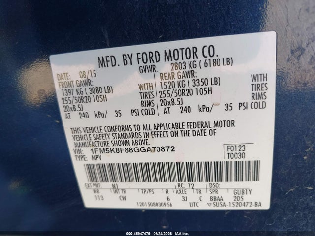 Ford Explorer Limited 2016 1FM5K8F88GGA70872 Image 9