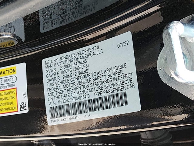2022 Honda Accord Touring მანქანა იყიდება აუქციონზე, vin: 1HGCV2F97NA015470, აუქციონის ნომერი: 45947483