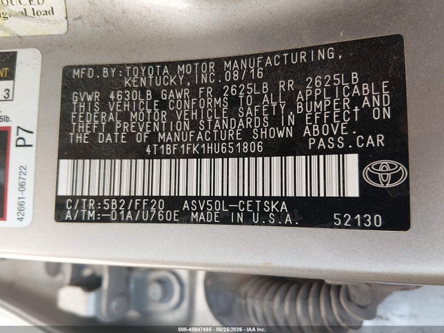45947485 :رقم المزاد ، 4T1BF1FK1HU651806 vin ، 2017 Toyota Camry Se مزاد بيع