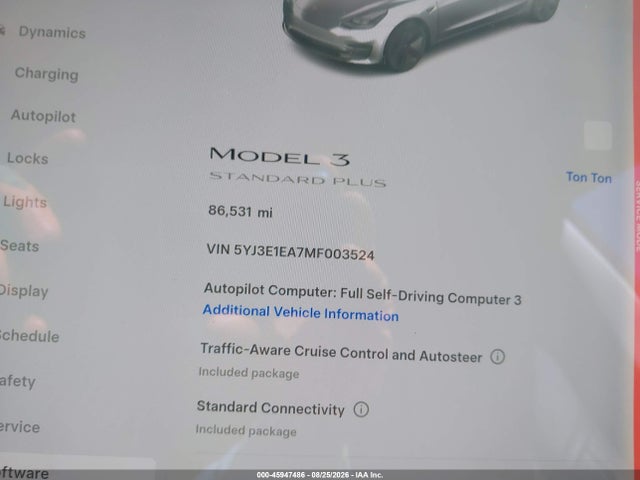 Aukcja sprzedaży 2021 Tesla Model 3 Standard Range Plus Rear-wheel Drive, vin: 5YJ3E1EA7MF003524, numer aukcji: 45947486