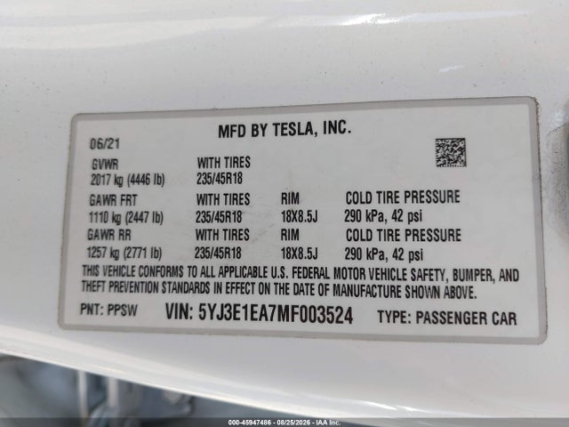 Aukcja sprzedaży 2021 Tesla Model 3 Standard Range Plus Rear-wheel Drive, vin: 5YJ3E1EA7MF003524, numer aukcji: 45947486