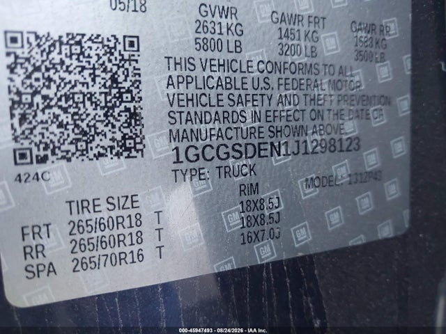 2018 Chevrolet Colorado Z71 მანქანა იყიდება აუქციონზე, vin: 1GCGSDEN1J1298123, აუქციონის ნომერი: 45947493