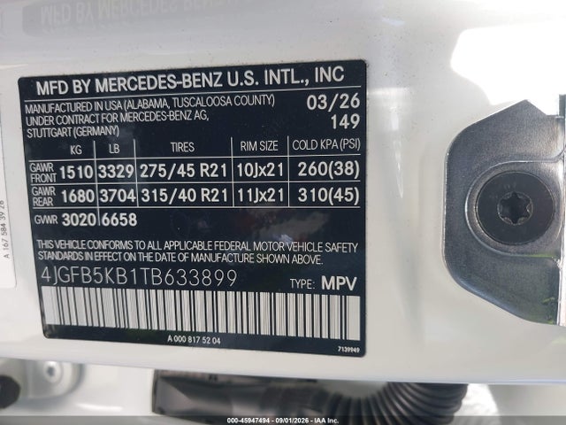 2026 Mercedes-benz Gle 450 4matic მანქანა იყიდება აუქციონზე, vin: 4JGFB5KB1TB633899, აუქციონის ნომერი: 45947494