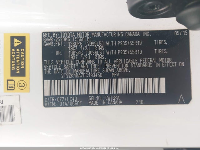 45947524 :رقم المزاد ، 2T2ZK1BA7FC193450 vin ، 2015 Lexus Rx 350 مزاد بيع