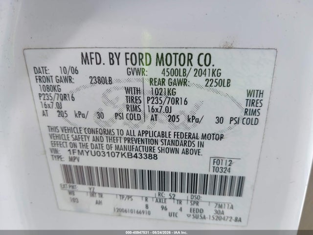 Продажа на аукционе авто 2007 Ford Escape Xlt/xlt Sport, vin: 1FMYU03107KB43388, номер лота: 45947531