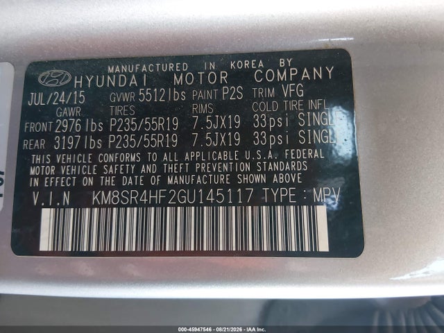 Hyundai Santa Fe Limited 2016 KM8SR4HF2GU145117 Image 9