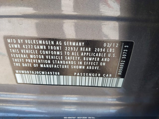 2012 Volkswagen Golf 2.5l 4-door მანქანა იყიდება აუქციონზე, vin: WVWDB7AJ0CW249766, აუქციონის ნომერი: 45947547