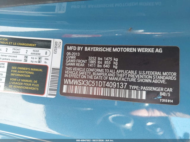 Продажа на аукционе авто 2013 Mini Coupe Cooper S, vin: WMWSX3C51DT409137, номер лота: 45947552