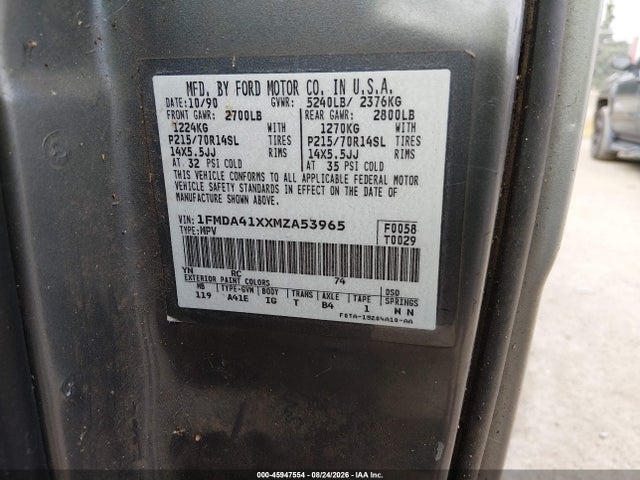 45947554 :رقم المزاد ، 1FMDA41XXMZA53965 vin ، 1991 Ford Aerostar مزاد بيع