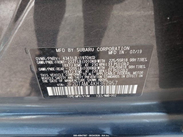Auction sale of the 2019 Subaru Crosstrek 2.0i Limited, vin: JF2GTAMC4KH367957, lot number: 45947567