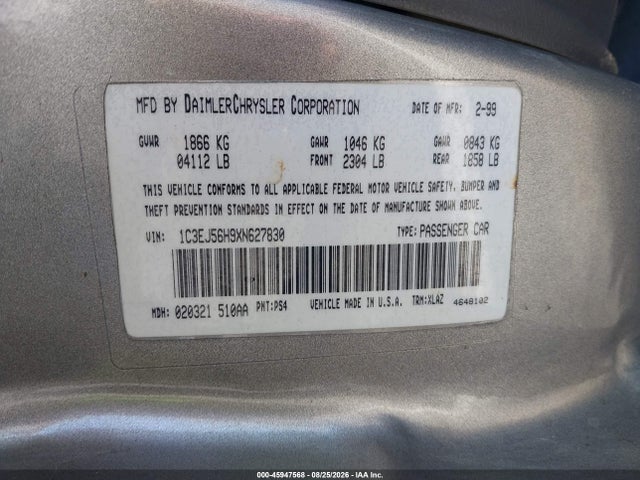 1999 Chrysler Cirrus Lxi მანქანა იყიდება აუქციონზე, vin: 1C3EJ56H9XN627830, აუქციონის ნომერი: 45947568