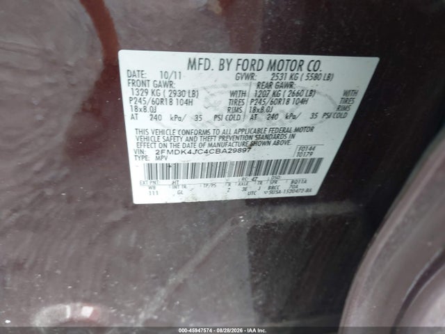 Продажа на аукционе авто 2012 Ford Edge Sel, vin: 2FMDK4JC4CBA29897, номер лота: 45947574