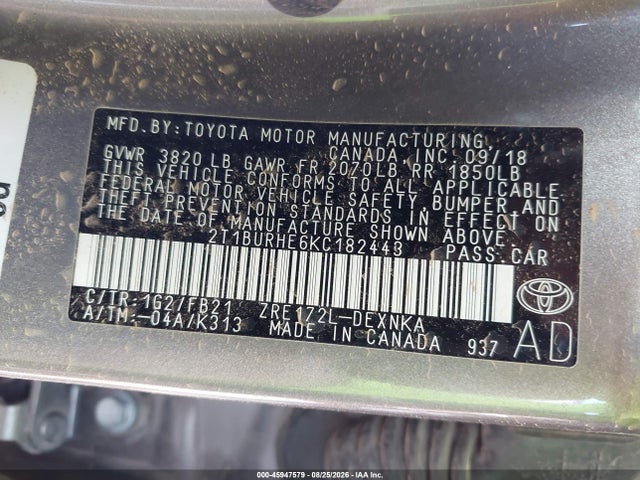 Продаж на аукціоні авто 2019 Toyota Corolla Le, vin: 2T1BURHE6KC182443, номер лоту: 45947579