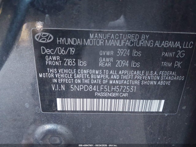 45947601 :رقم المزاد ، 5NPD84LF5LH572531 vin ، 2020 Hyundai Elantra Sel مزاد بيع