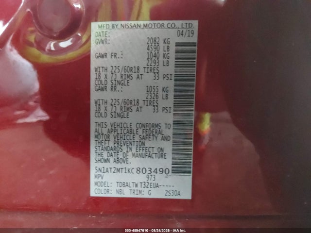 Продажа на аукционе авто 2019 Nissan Rogue Sv, vin: 5N1AT2MT1KC803490, номер лота: 45947610