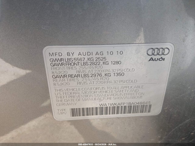 45947633 :رقم المزاد ، WA1WKAFP1BA048645 vin ، 2011 Audi Q5 3.2 Premium Plus مزاد بيع
