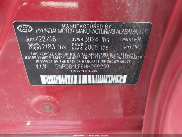 2017 Hyundai Elantra Se მანქანა იყიდება აუქციონზე, vin: 5NPD84LF6HH099259, აუქციონის ნომერი: 45947637